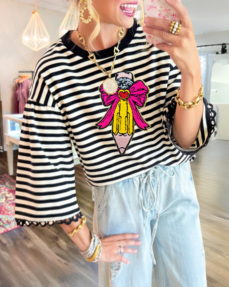 Embroidered Pencil Striped Top