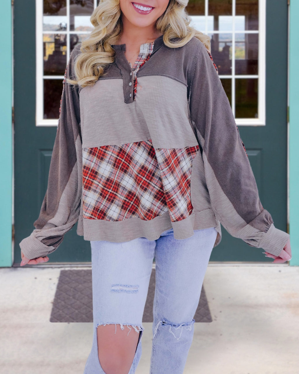 Colorful Plaid Button Sweatshirt