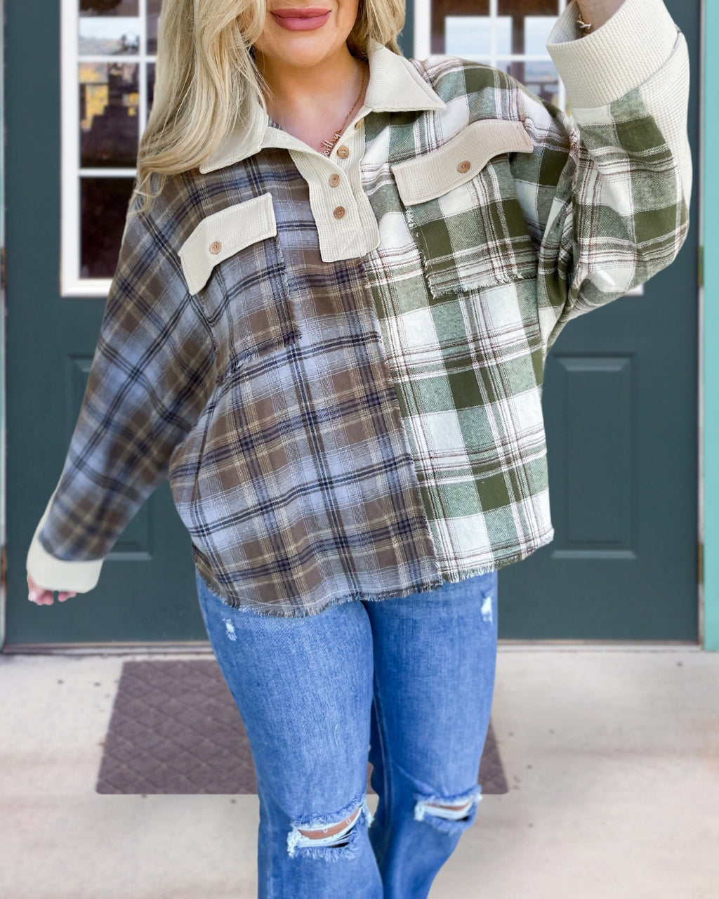 Colorblock Plaid Collar Top