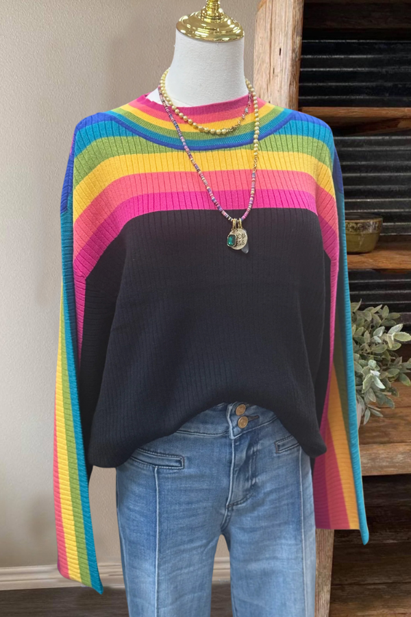 Rainbow Gradient Stripe Ribbed Sweater