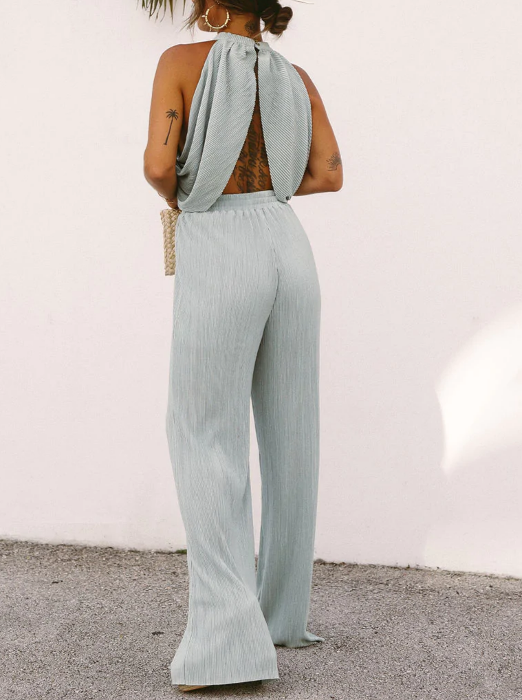 Plisse Halter Crop Top+Pant