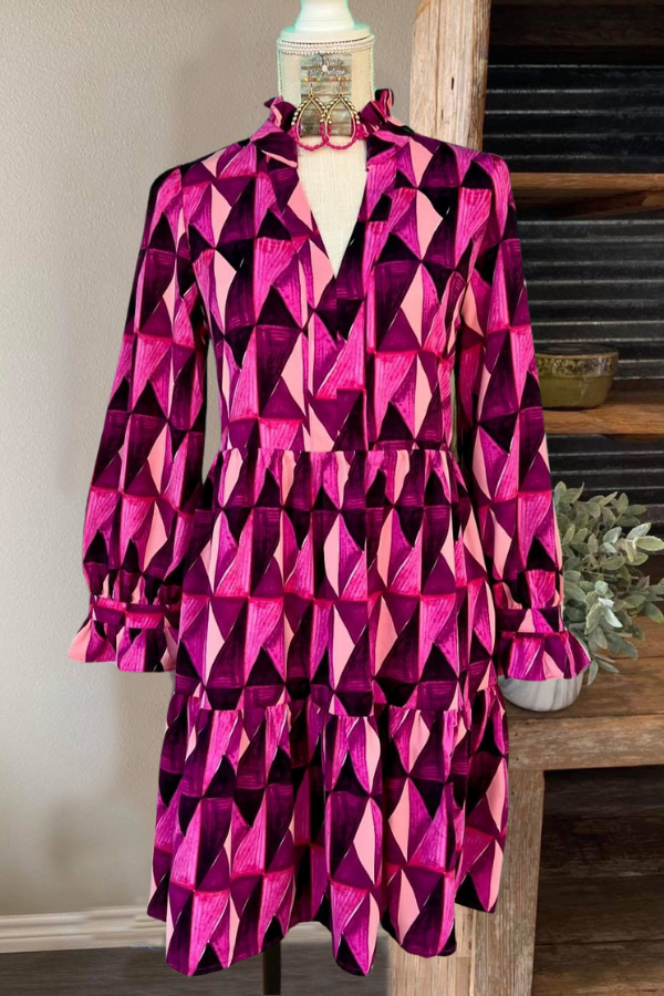 Abstract Geometric V-Neck Dress