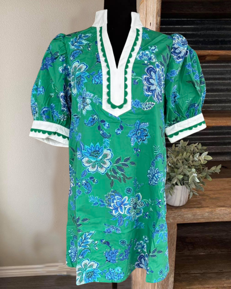 Floral Embroidered Wavy Trim Dress