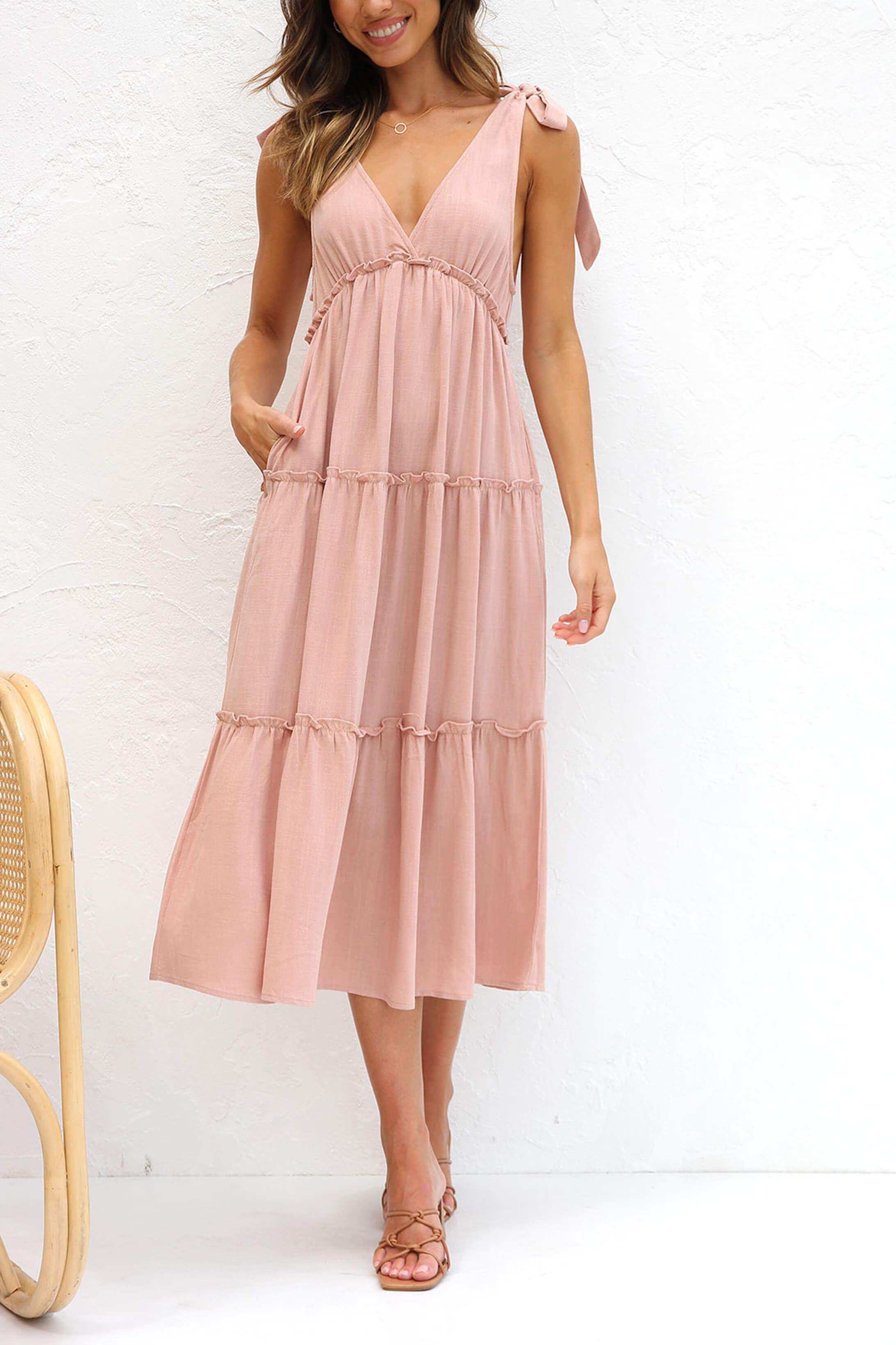 Elegant Linen V-Neck Tie Dress