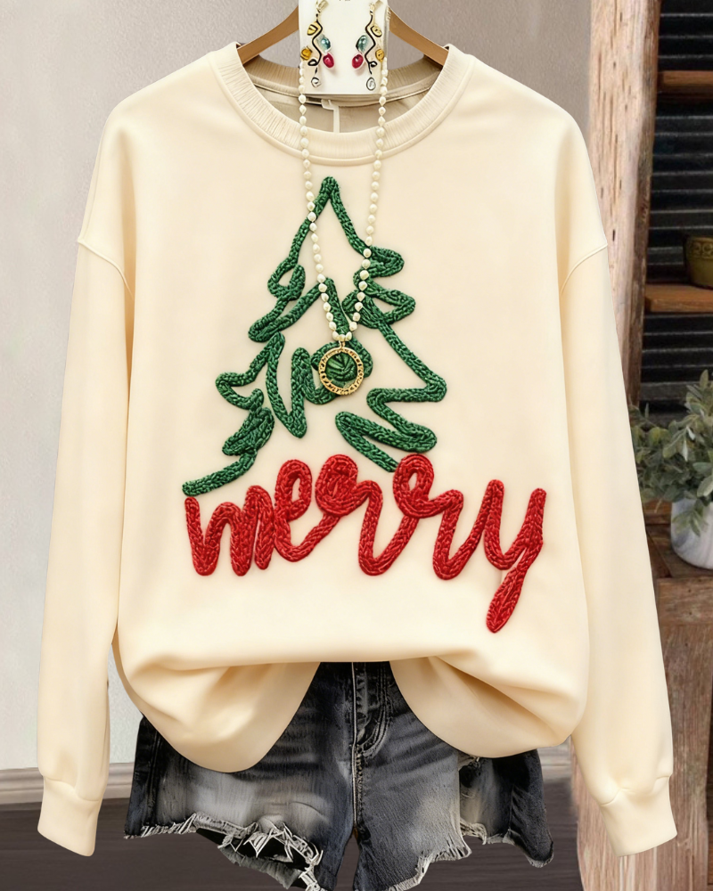 Merry Christmas Tree Embroidered Pullover
