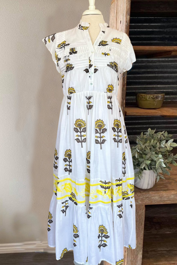 Sunflower Print Pleated Midi Dress