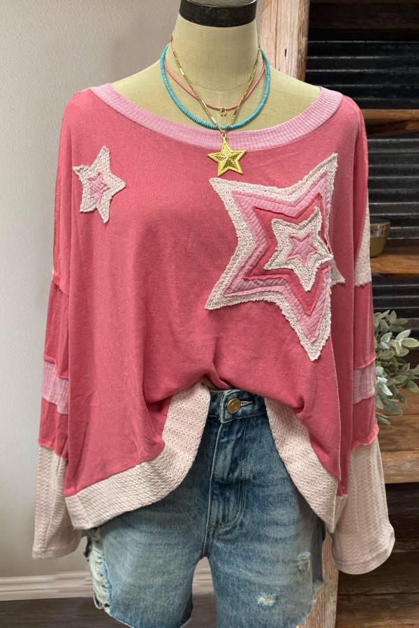 Patchwork Sleeve Star Patch Pullover