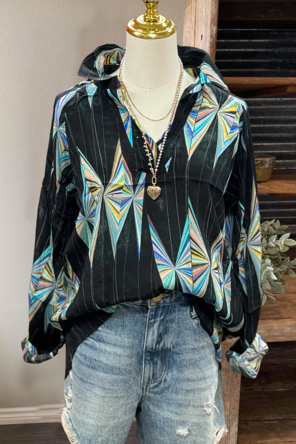 Abstract Geometric Print V-neck Blouse