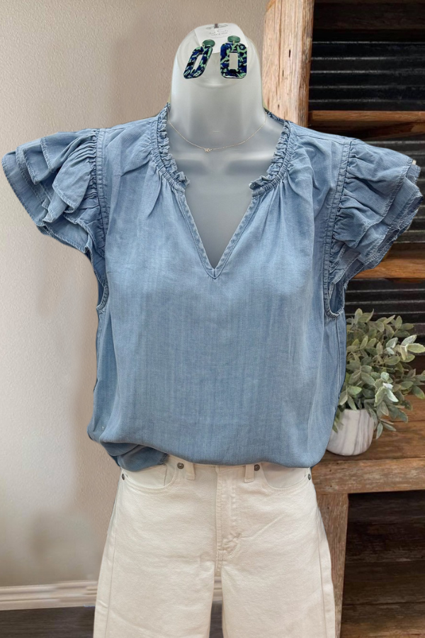 Ruffle Sleeves Denim Top