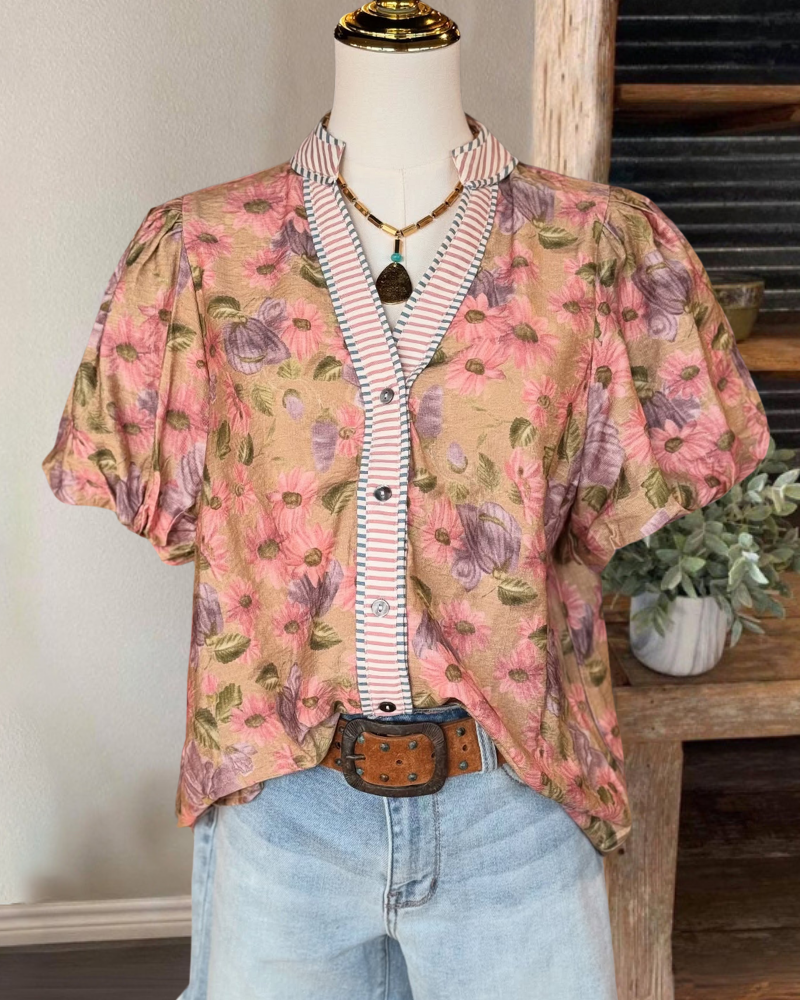 Elegant Floral Stripe Trim Blouse