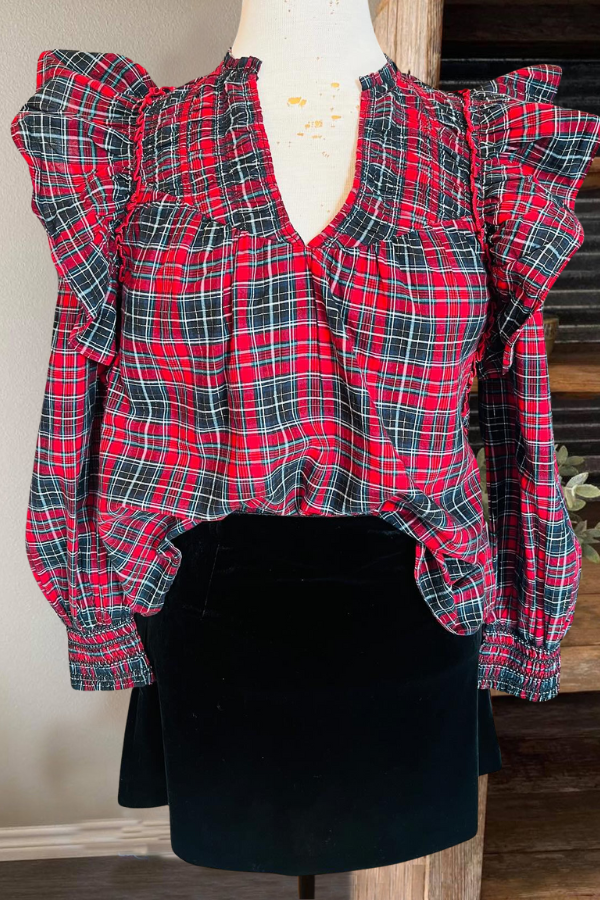 Ruffled Plaid Pleated V-Neck Top