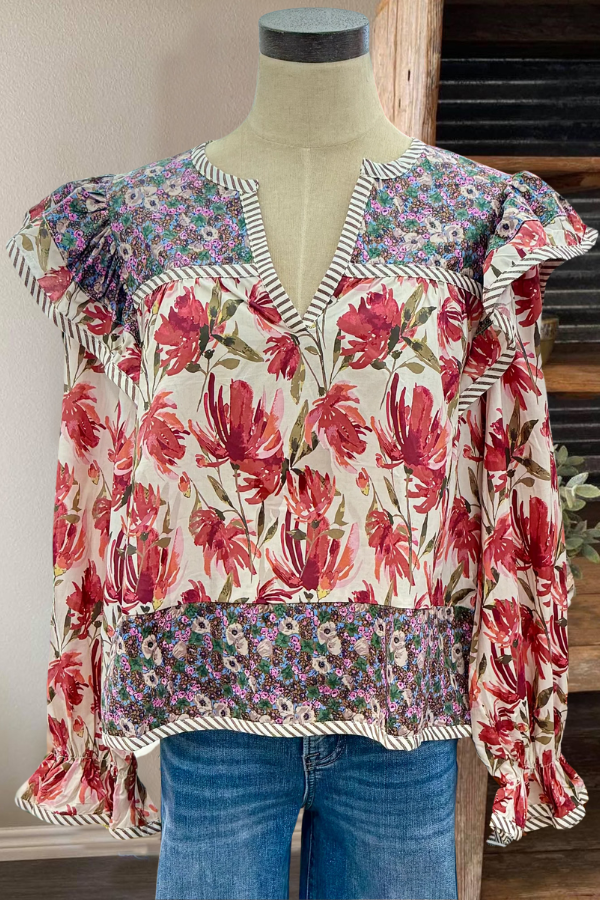 Mixed Floral V-Neck Blouse