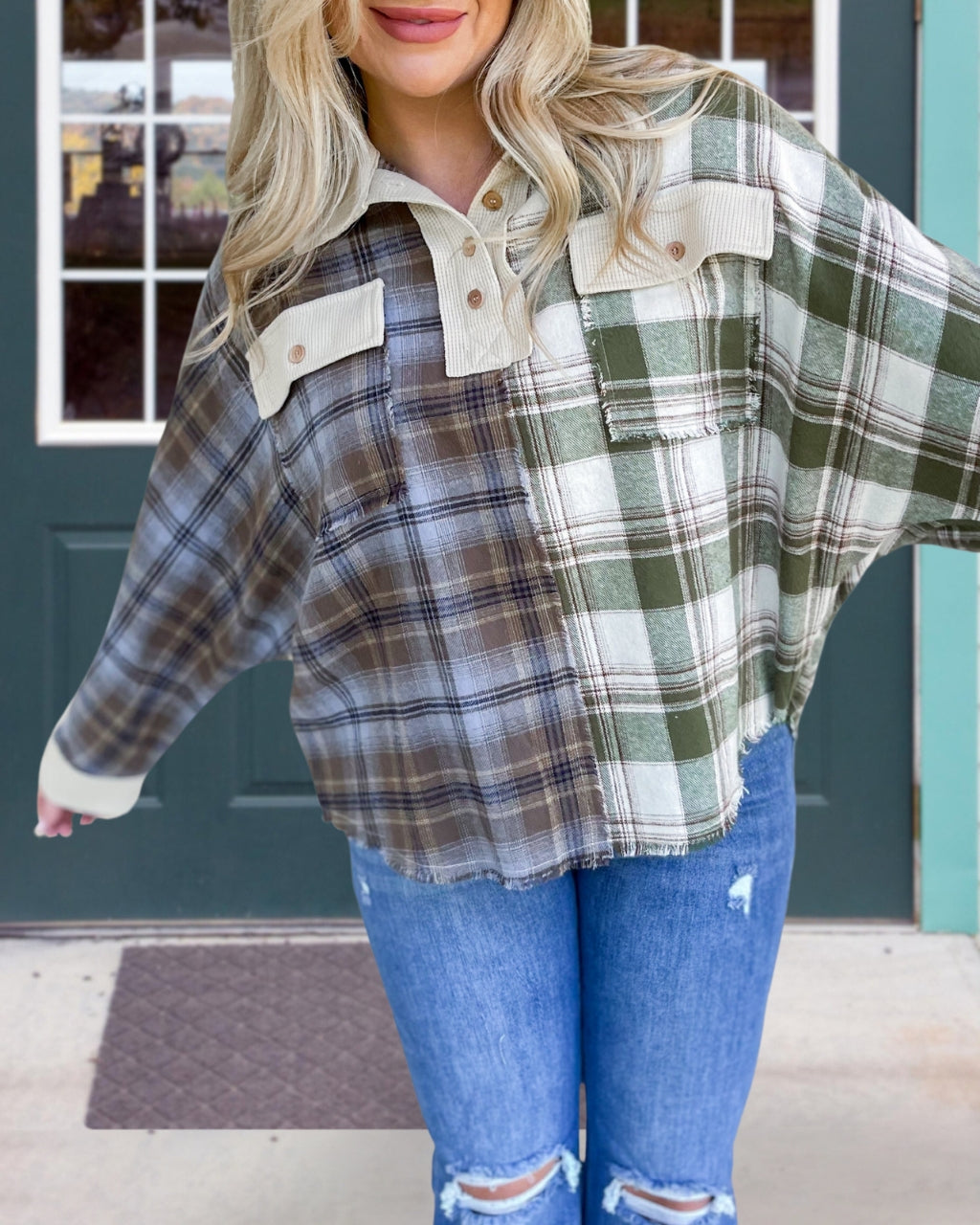 Colorblock Plaid Collar Top