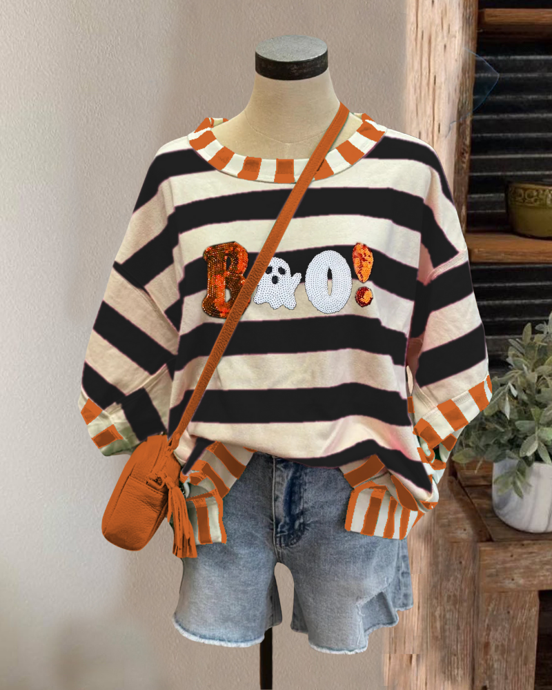 Sequin Boo Halloween Striped Top