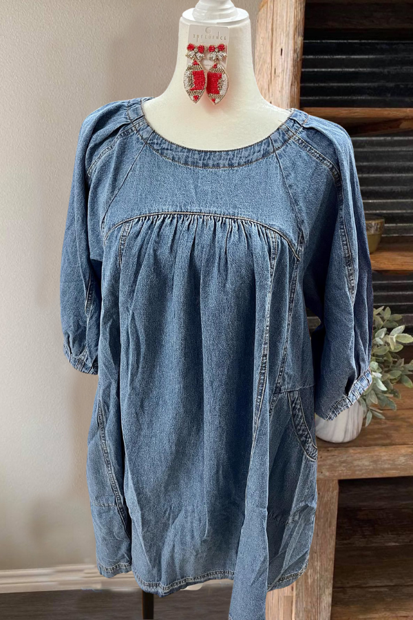 Drop Shoulder Sleeve Pleated Denim Top