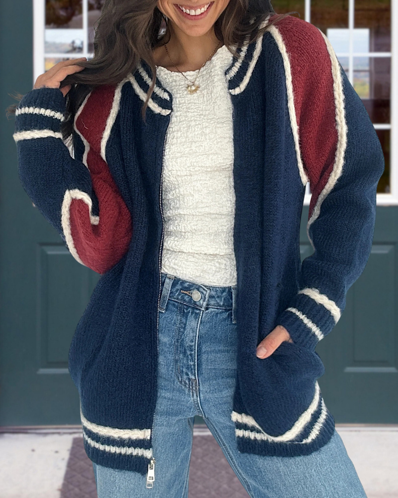 Simple Colorblock Zipper Sweater