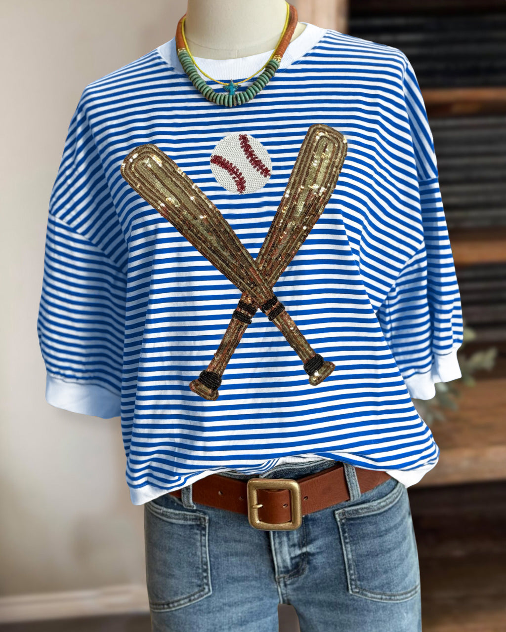 Baseball Sequin Striped Tee