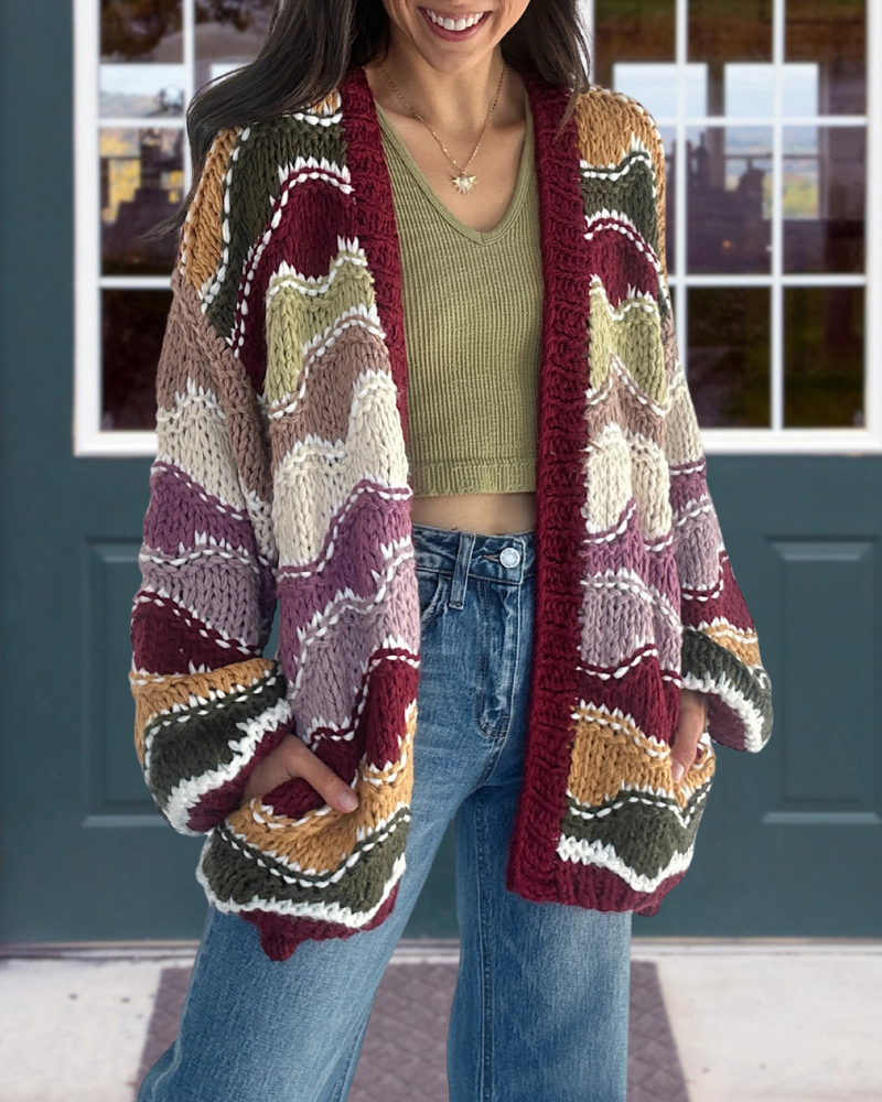 Colorblock Chunky Knit Cardigan Sweater