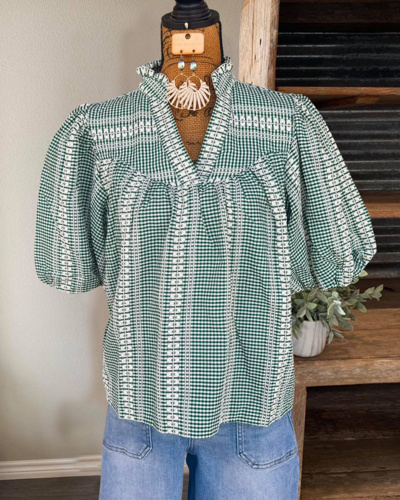 Unique Check Puff Sleeve Top