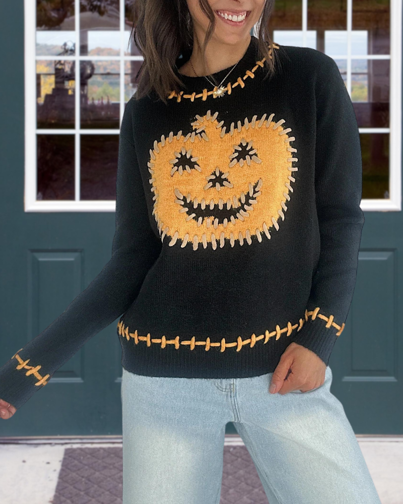 Pumpkin Stitch Trim Crewneck Sweater