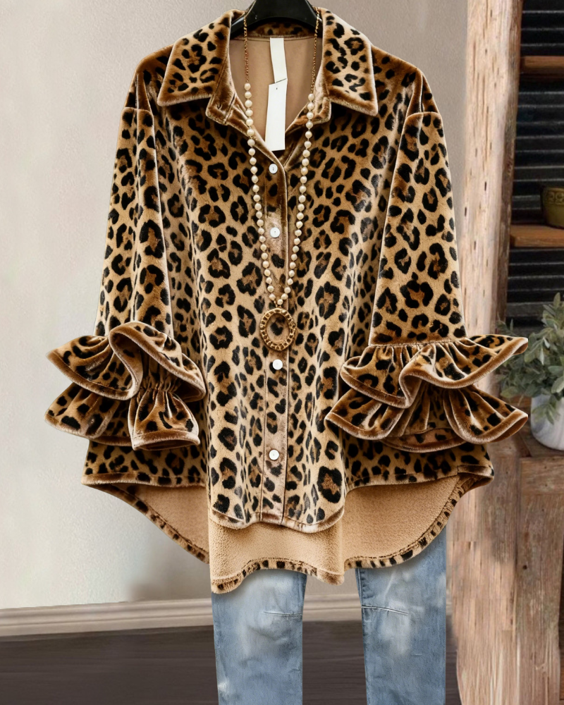 Stylish Leopard Ruffled Velvet Blouse