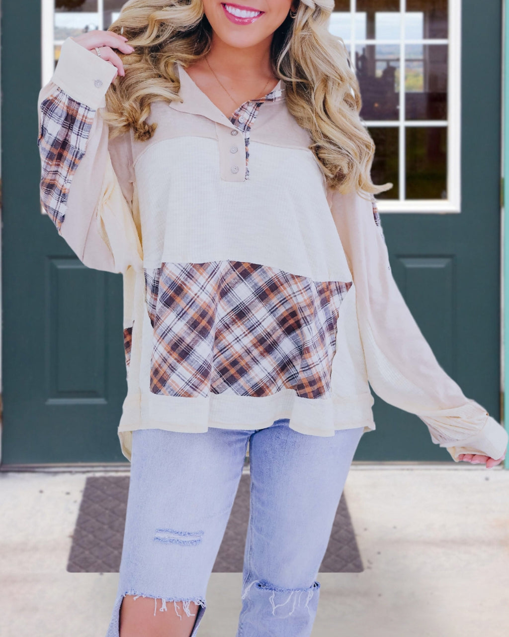 Colorful Plaid Button Sweatshirt