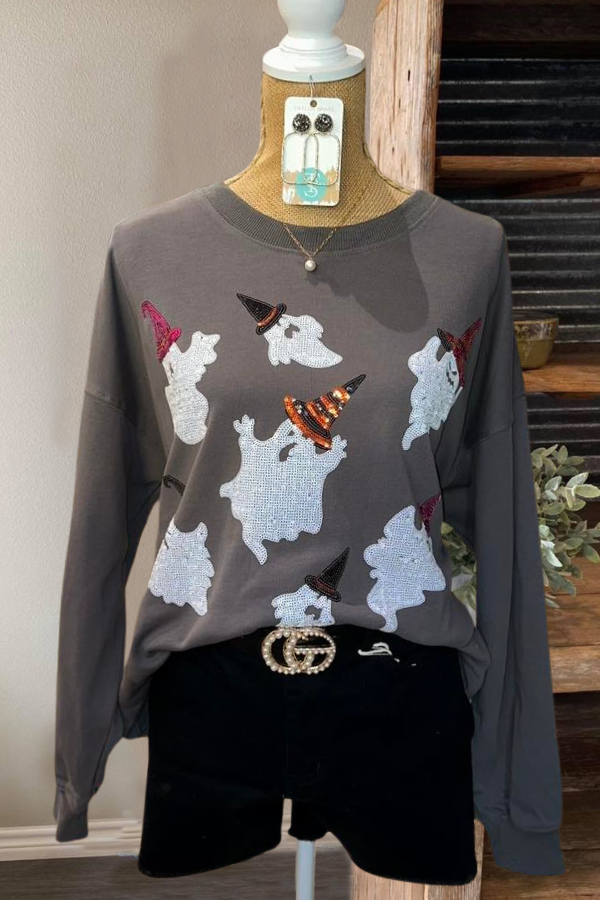 Halloween Ghost Sequined Crewneck Sweatshirt