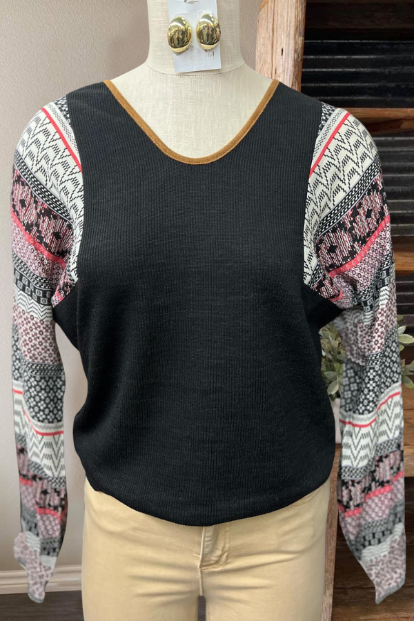 Bohemian Mixed Pattern Ribbed Knit Top