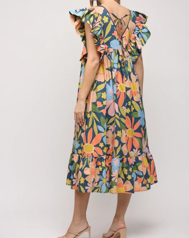 Floral Ruffle Tie Back Midi Dress